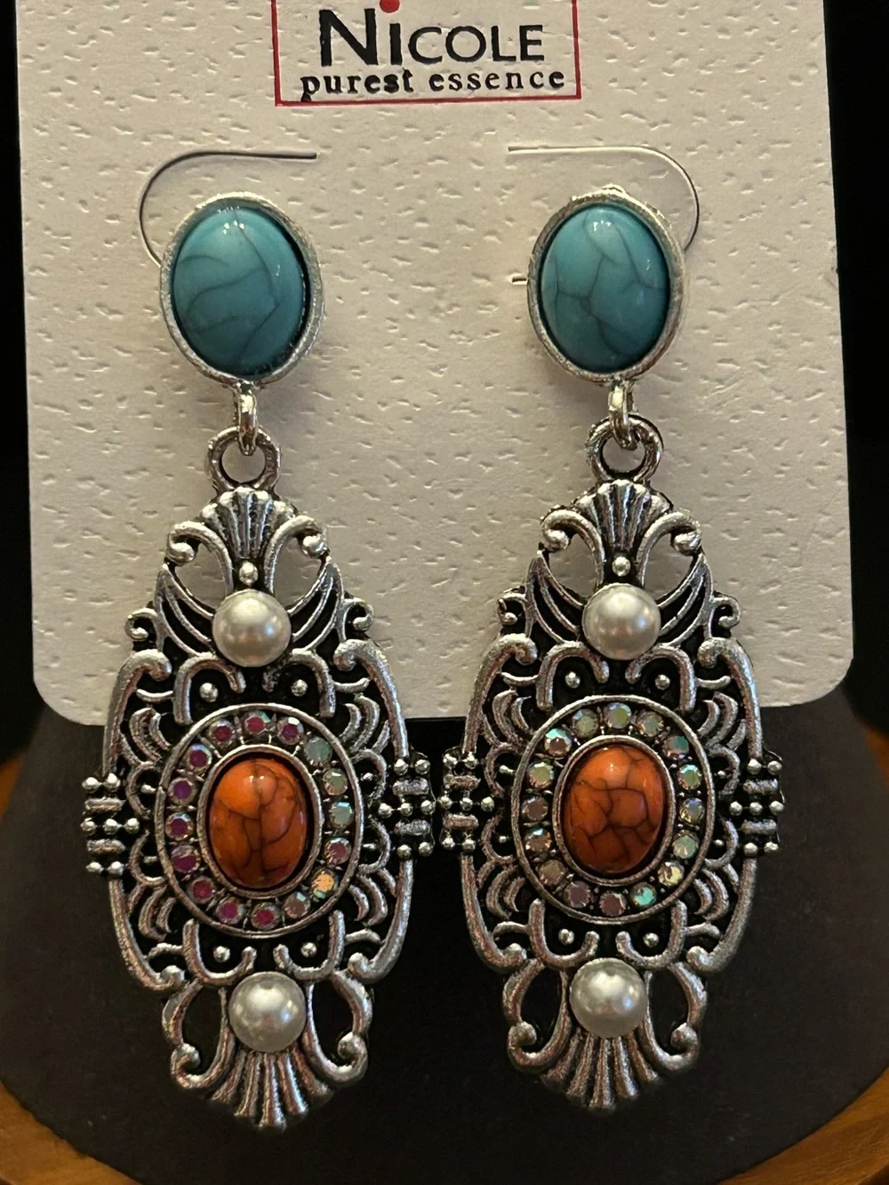 Nicole Turquoise & Orange Faux Stone Filigree Drop Earrings with Pearl Accents